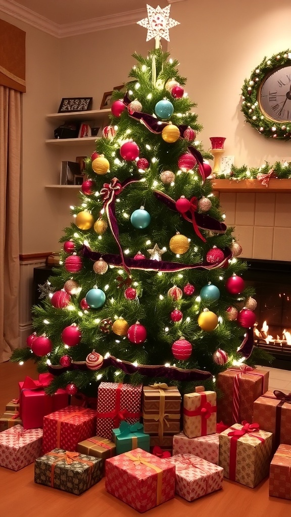 Creative Christmas Tree Decorating Ideas A decorated Christmas tree with lights and ornaments, surrounded by wrapped gifts in a cozy living room.